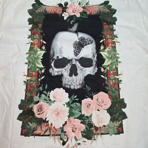 Graphic T-Shirt Mens L Skull Floral Butterfly Print Cotton‎ White Tee NovaMEN